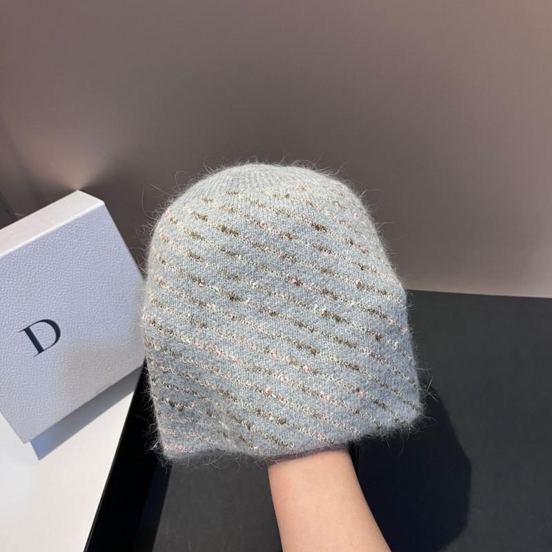 Winter Knit Beanie Rabbit Fur Striped Warm Soft Fashion Small Fragrance Hat Outdoor