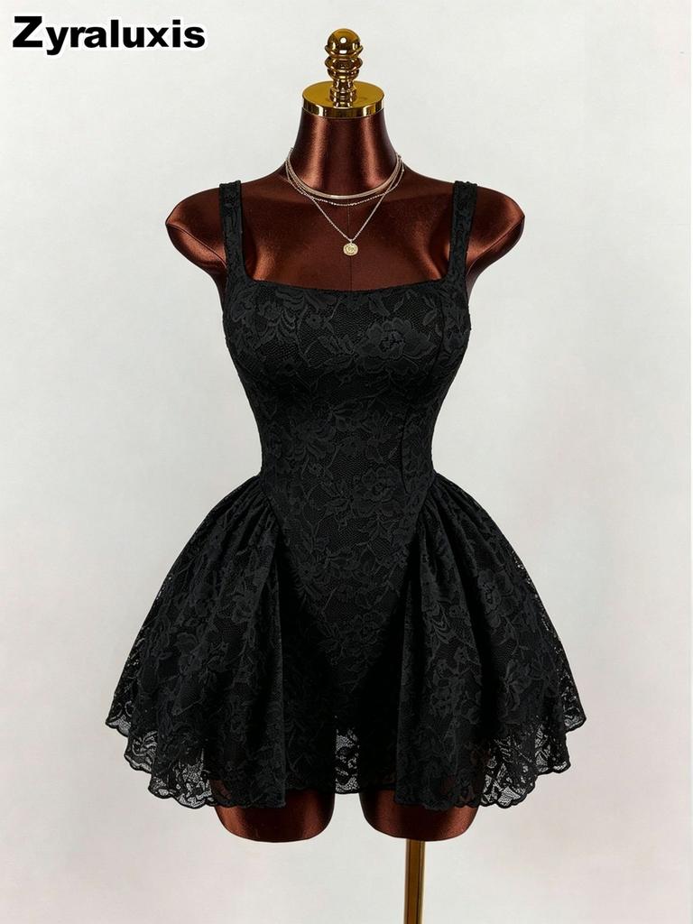 New Women's White Lace Dress, Square Neck Wide Belt Empire Waist Ruffled Short Skirt