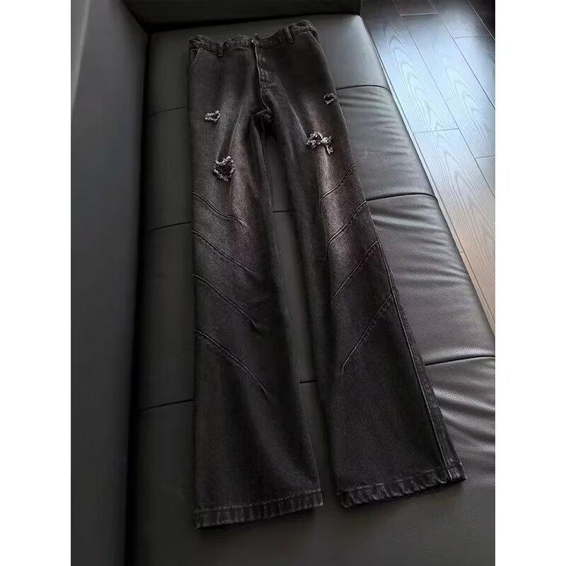 Large size American retro old loose ripped jeans men's and women's spring new high street wide-leg mopping straight pants