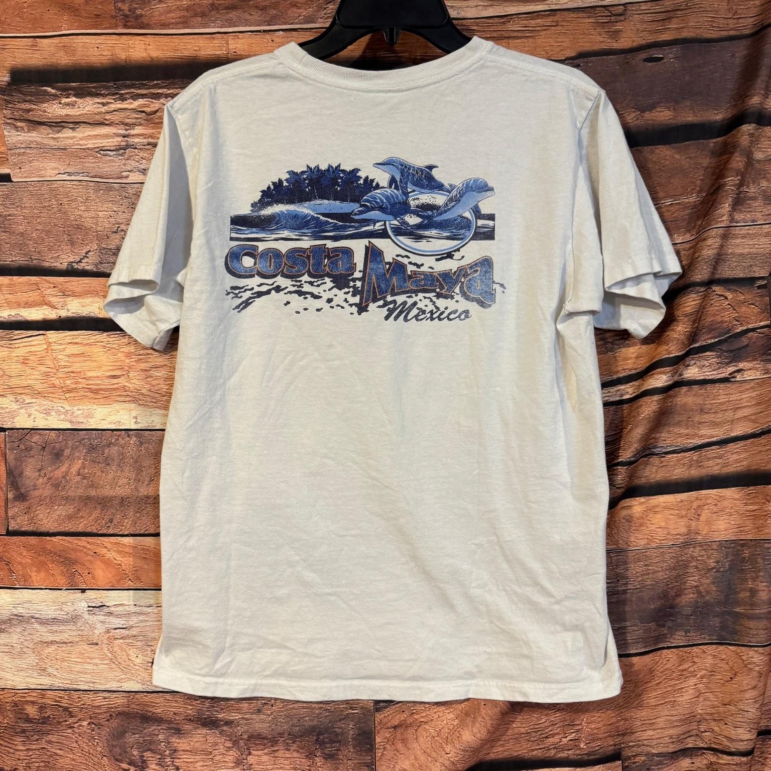 YAZBEK Men s Cream M Costa Maya Mexico Dolphin Palm Tree Cotton Unisex T-Shirt XXL