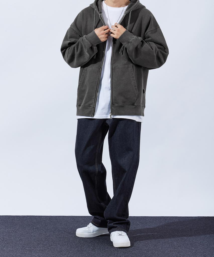 Topboy Heavy Duty Pigment Oversized Two-Way Zip-Up Hoodie Charcoal