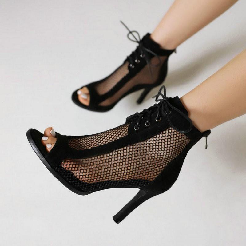

Fish mouth cool boots women s thin heel super high heel mesh hollowed sandals front lace-up jazz dance dance high heels 35