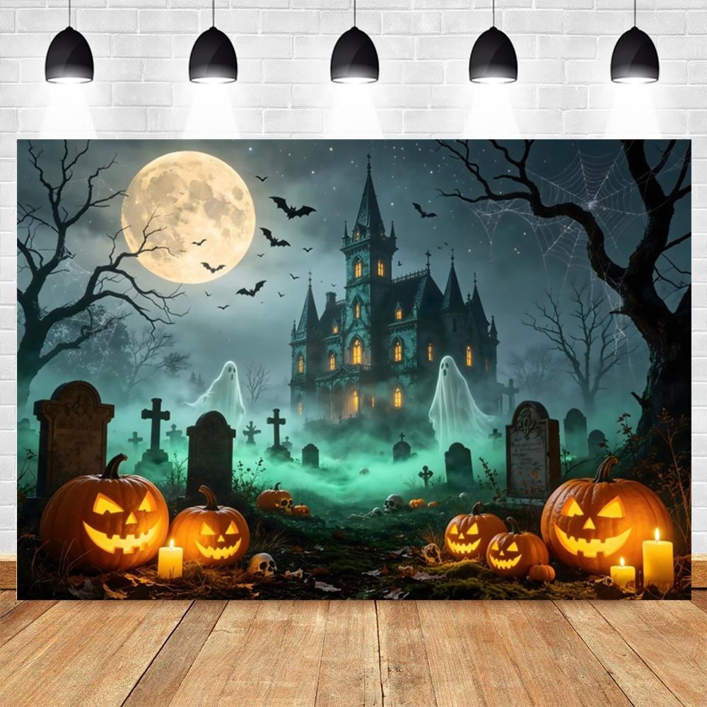 Halloween Full Moon Suburbs Cemetery Backdrop Scary Skull Castle Pumpkin Lantern Family Festival Party Decor Photo Background