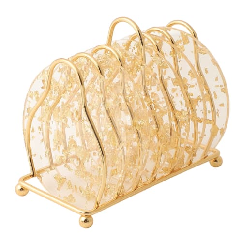 

Queen-b Gold Leaf Coasters, Set of 6, with Stands, Stylish, High-Quality PVC Coasters for Cups and Glasses, Nordic Gold, Cute, and Eye-catching Tablet