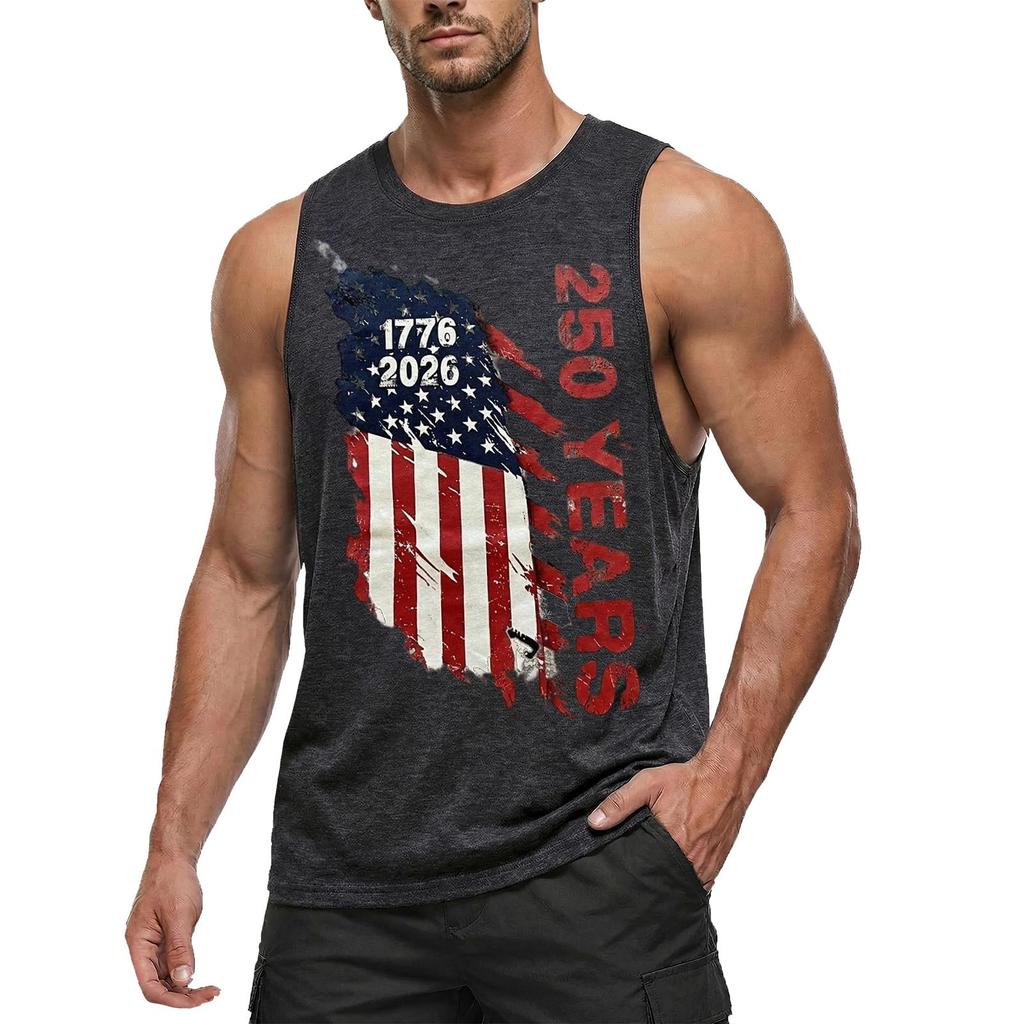 Men's Sleeveless Casual Tank Top Crew Neck Graphic Print 250 Years Independence Commemorative Design Lightweight Summer Shirt