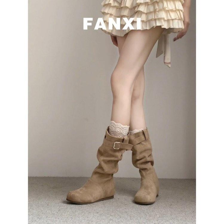Boots beauty pile thick-soled medium tube women's belt buckle new versatile inner heightening locomotive boots rad pleated cloth