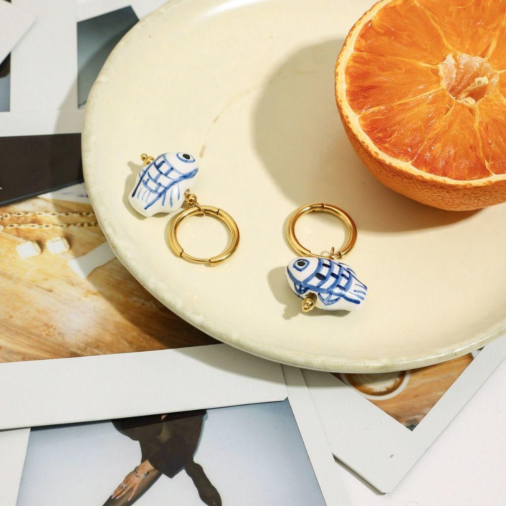Chinese Style Ceramic Ear Buckle Stainless Steel Gold Hoop Earrings  Girls