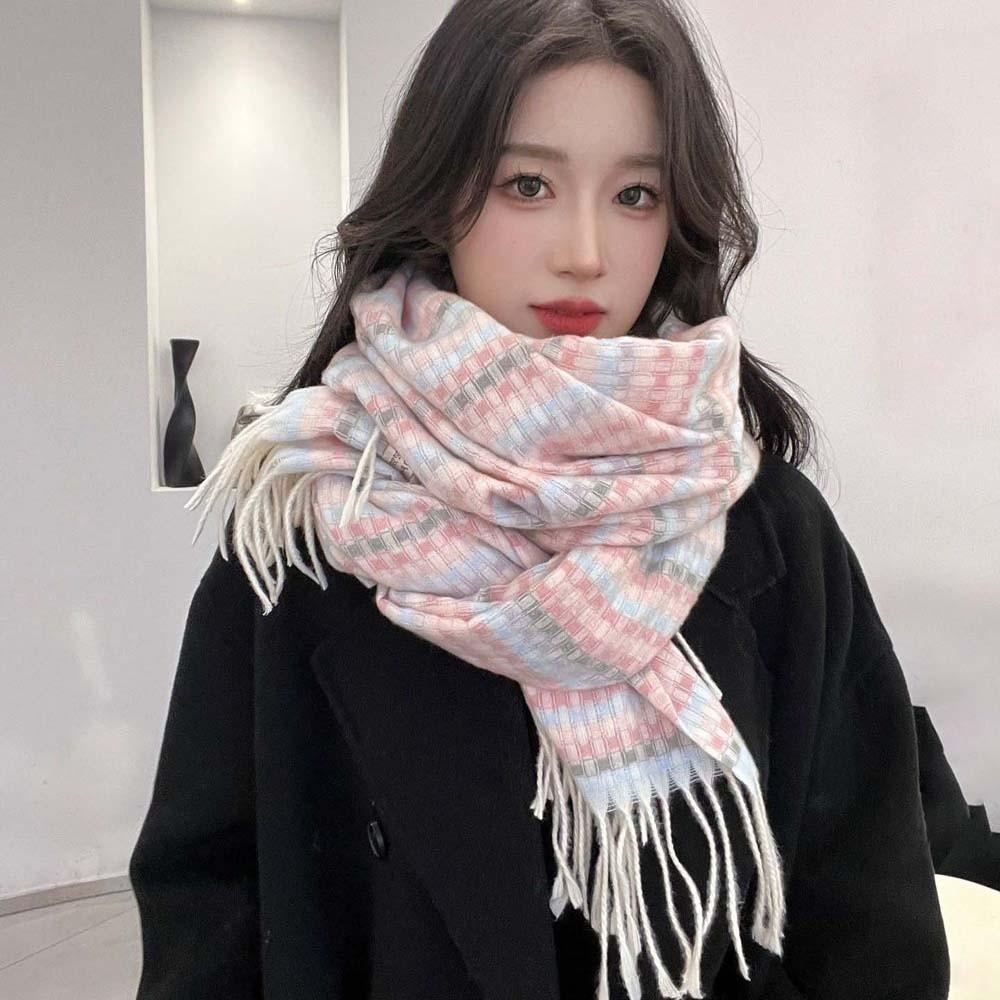 Contrast Color Knitted Wool Shawl Soft Long Neckscarf with Tassel Dopamine Plaid Scarf  Autumn