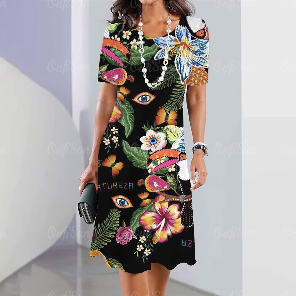 Summer Women's Short-sleeved Pullover Casual Loose Dress 3d Floral Print O-neck Fashion Women's Clothing