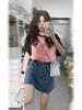 Women's Plus Size Color-Blocked Retro Cotton Short-Sleeve T-Shirt - Black/Pink