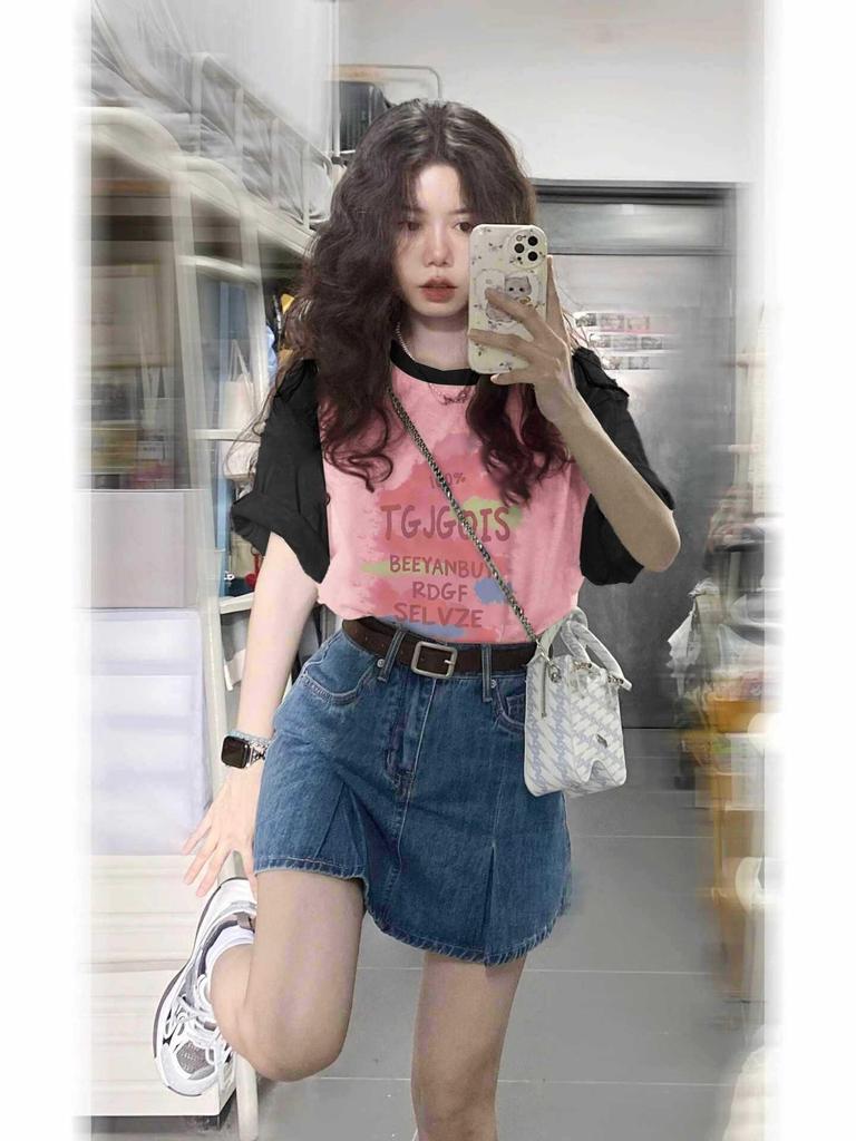 Women's Plus Size Color-Blocked Retro Cotton Short-Sleeve T-Shirt - Black/Pink