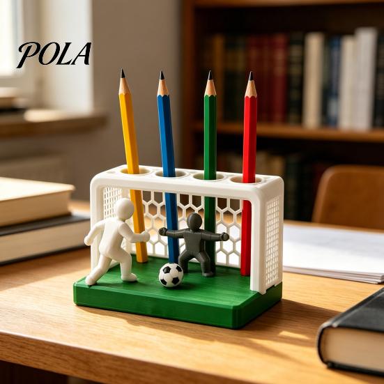 Smooth Surface Pencil Cup Soccer Goal And Player Figure Pen Holder, 3D Printed Sports Durable Organizer Theme 4 Hole Desktop for Home, Office