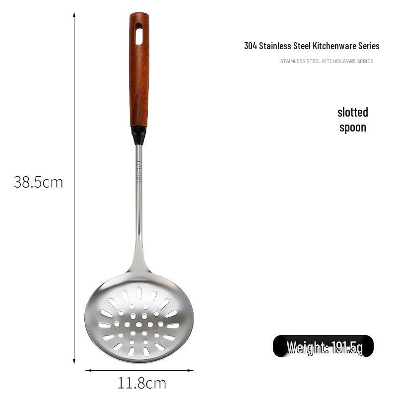 Thickened 304 Stainless Steel Cookware Set: Anti-Scald Handle Spatula, Soup Ladle, Slotted Spoon, and Frying Pan.