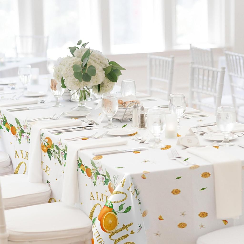 3 Pcs Little Cutie Tablecloth, 54 * 108 Inch Orange Tablecloth, Fruit Plastic Tablecover for Boys and Girls Birthday Party, A Little Cutie is on The
