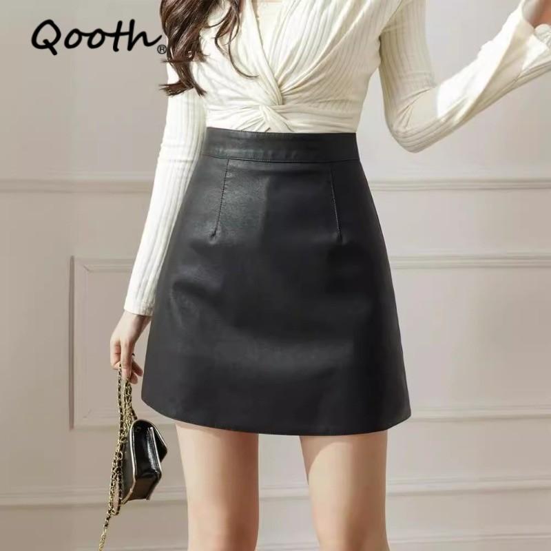 Qooth Elegant A Line Mini Slim Faux Leather PU Bodycon Skirt Pencil Skirt Fashion Women QT2658