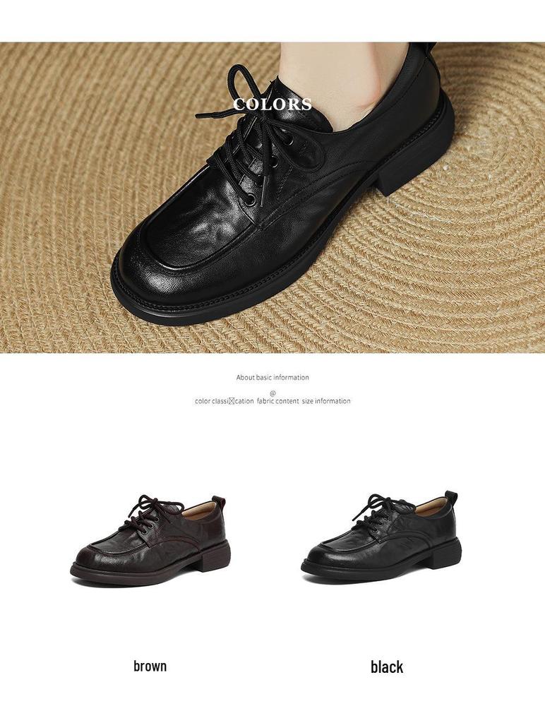 Top Grain Cowhide Women's Round Toe Lace-up Loafers - Autumn 2025 Luxury Hand-Grained Leather Shoes