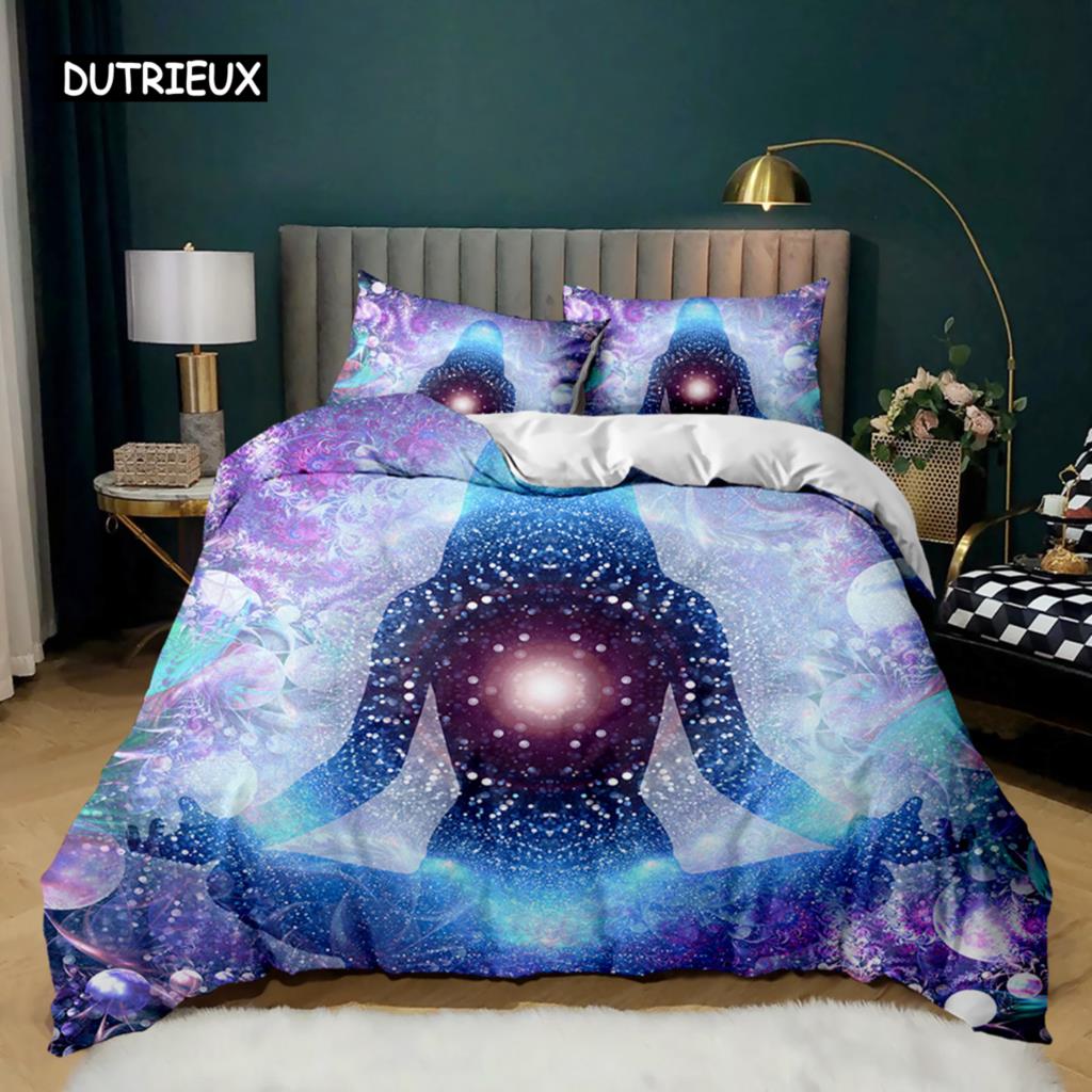 Buddha Duvet Cover Set Indian Art Bohemian Mandala Zen Themed Bedding Set Meditation Buddhist Lotus Floral Polyester Qulit Cover