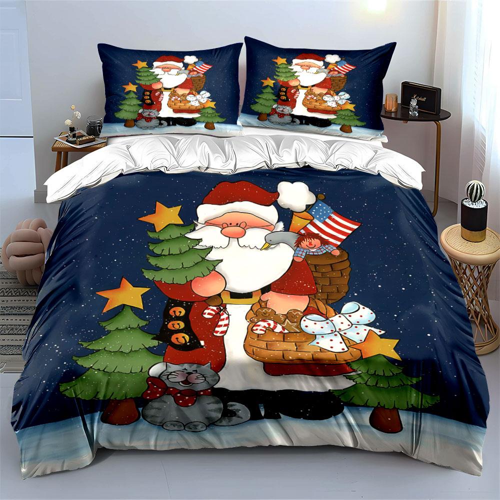 Santa and Cat Christmas Design Bedding Duvet Cover Set Duvet Cover Pillowcases (1*Duvet Cover 2*Pillowcases, Without Duvet Insert)