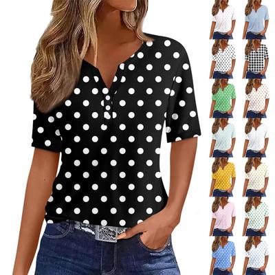 Women's Casual  Printed V-Neck Short Sleeve Decorative Button T-Shirt Top