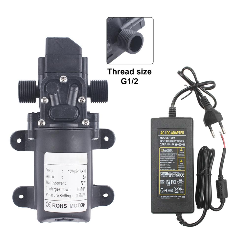 DC 12V 130PSI 6L/Min Water High Pressure Diaphragm Self Priming Pump 70W 72W with EU plug power supply 6A pipe 1/2