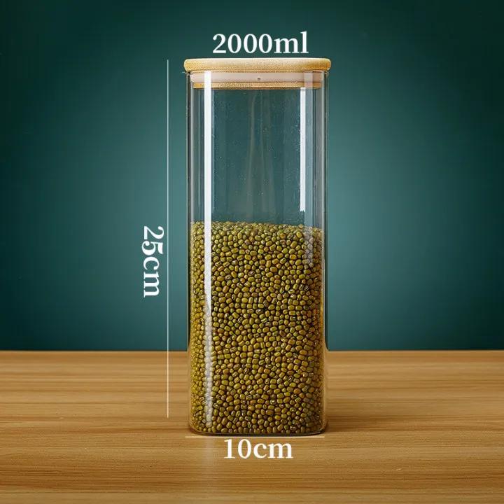 Square Glass Storage Jars with Bamboo Lid for Coffee Beans Grains Noodles Food Storage Containers Kitchen Organizers Storage