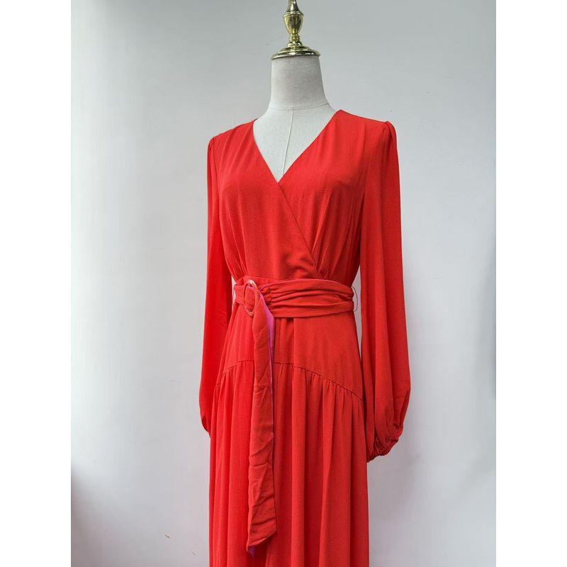 Export Single Vici Orange Chiffon Long Sleeves Red Dress Split Maxi Dress Desert Island Vacation Skirt