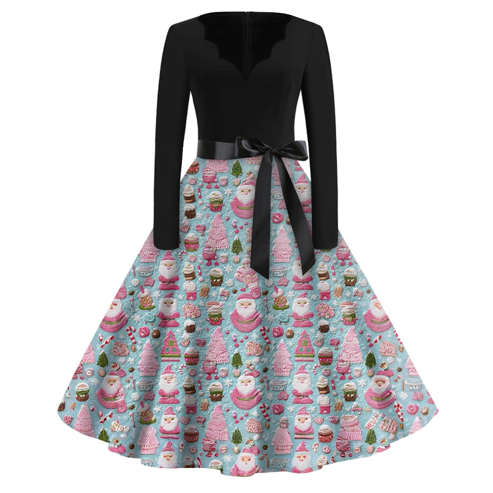 

Christmas Print Flare Dress For Women Long Sleeve Dress Hollow Party Casual Dresses XXL
