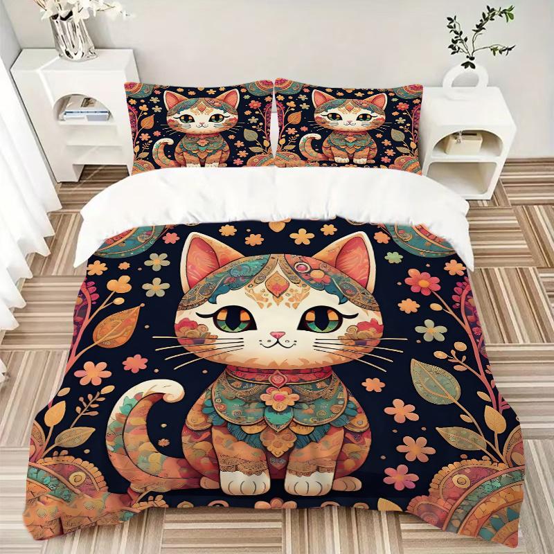 3pcs Colorful Floral Cat Bedding Set - 1 Soft Quilt Cover + 2 Pillowcases, Machine Washable - Suitable for All Seasons, Perfect Gift for Family a