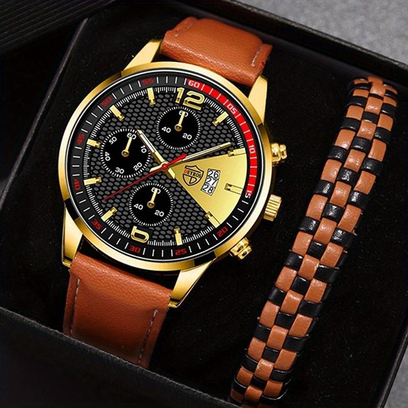 

Набор из 2 предметов, модные мужские часы с календарем, роскошные мужские деловые повседневные коричневые кожаные кварцевые часы, мужские наручные часы с браслетом