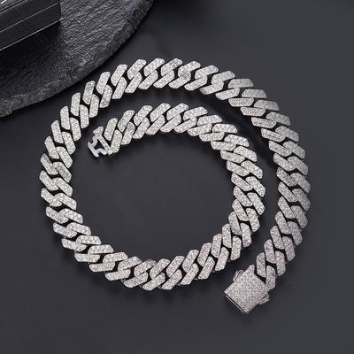 Chaîne cubaine solide glacée de 12 mm en forme de losange hip-hop et collier à plaque pour hommes et femmes, cadeau de bijoux de Noël