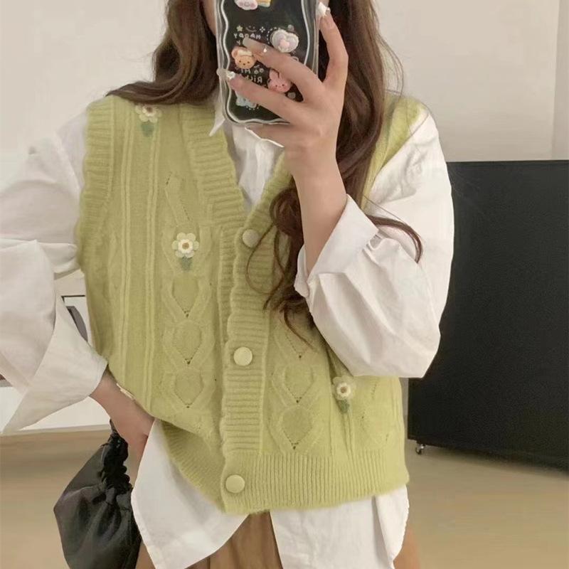 Женский вязаный жилет Весенне-осенний свитер Майка Сладкий стиль Мелкий цветочный принт Многослойность 3XL зелёный