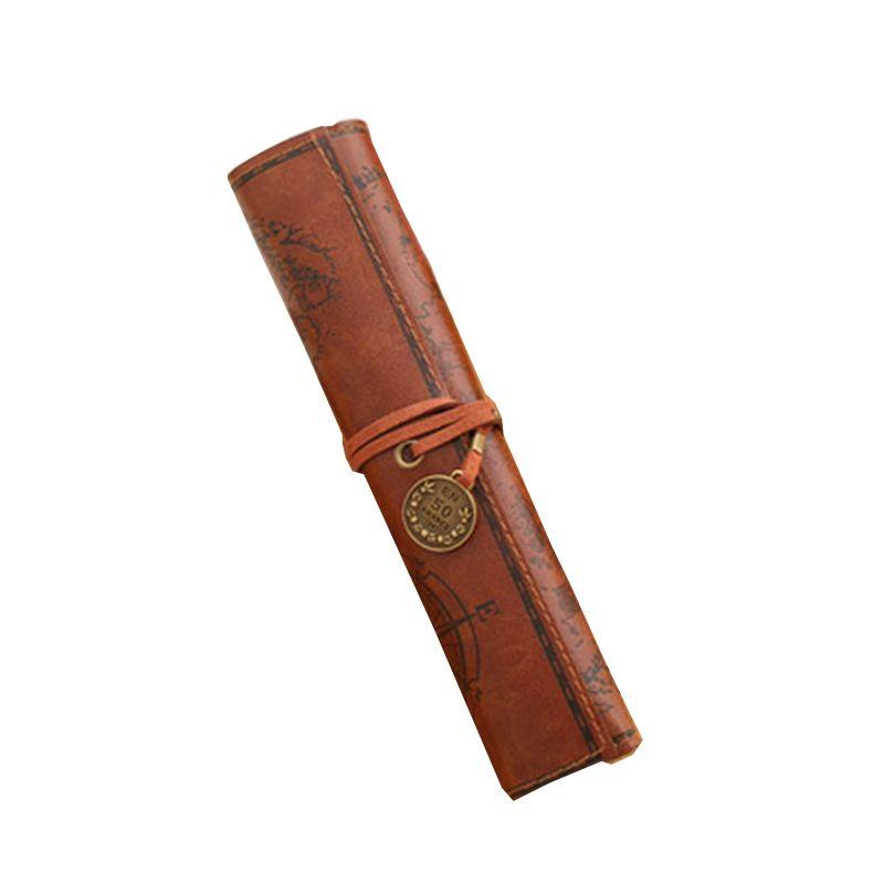 Map Roll Vintage Case Bag Purse Pouch Pen Pencil Case for School Leather Cosmetic Make Up PU Bag