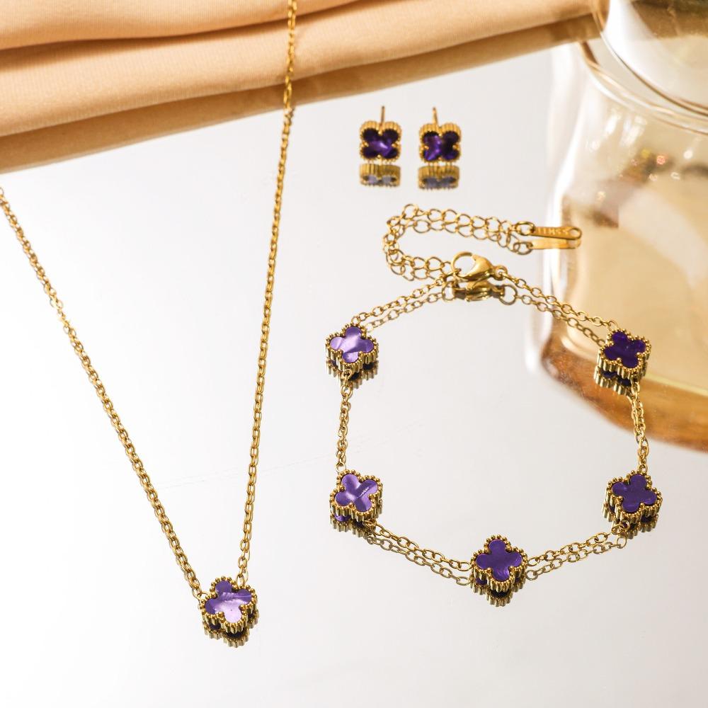 Titanium Steel Colorfast Four-leaf Clover Necklace Set for Women Fashionable and Elegant Light Luxury Clavicle Chain Bracelet