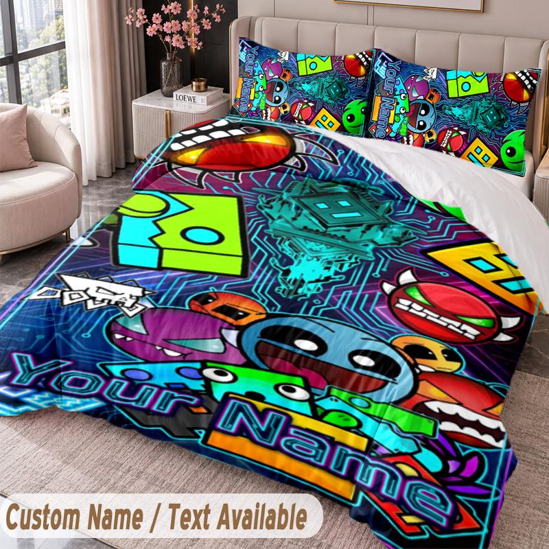 Custom Name Text 3Pcs Bedding Set Geometry Dash Duvet Cover And Two Pillowcases