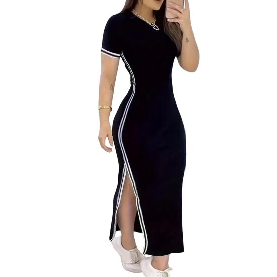 

Женское платье с боковым принтом, цветное, круглое, в полоску, с тонким разрезом, с розовым вырезом, с короткими рукавами, до щиколотки M чёрный