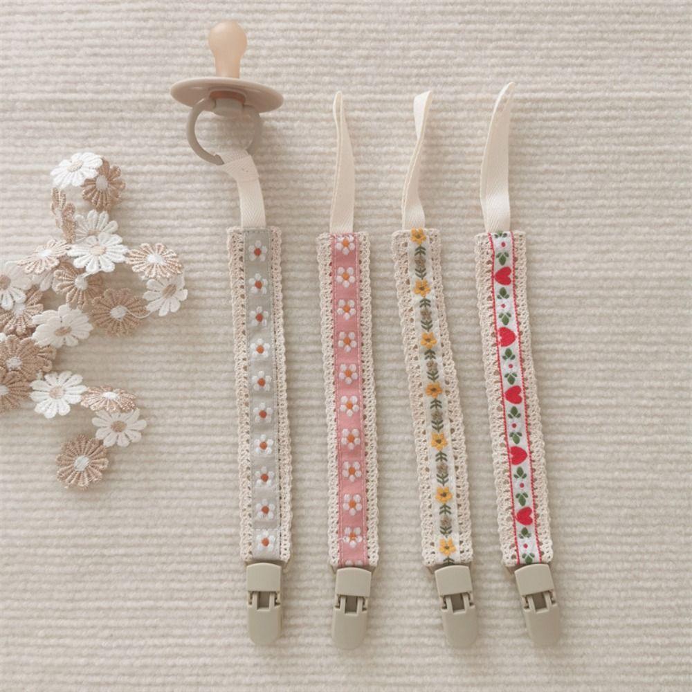 Adjustable Baby Cloth Pacifier Chain Embroidery Floral Nipple Holder Clips Soother Holder Toddler