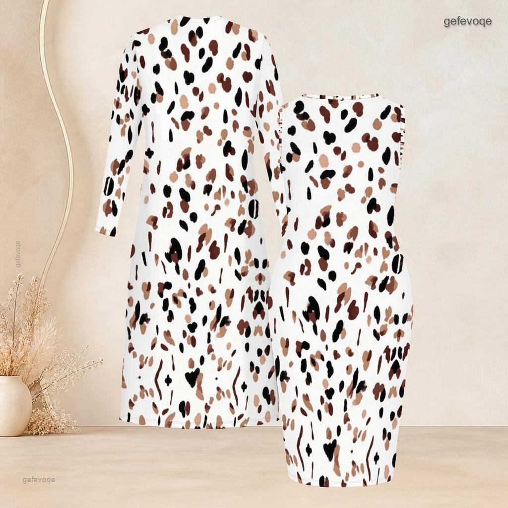 Women Plus Size Two Piece Set Sleeveless Bodycon Dress Long Sleeve Open Front Printed Cardigan