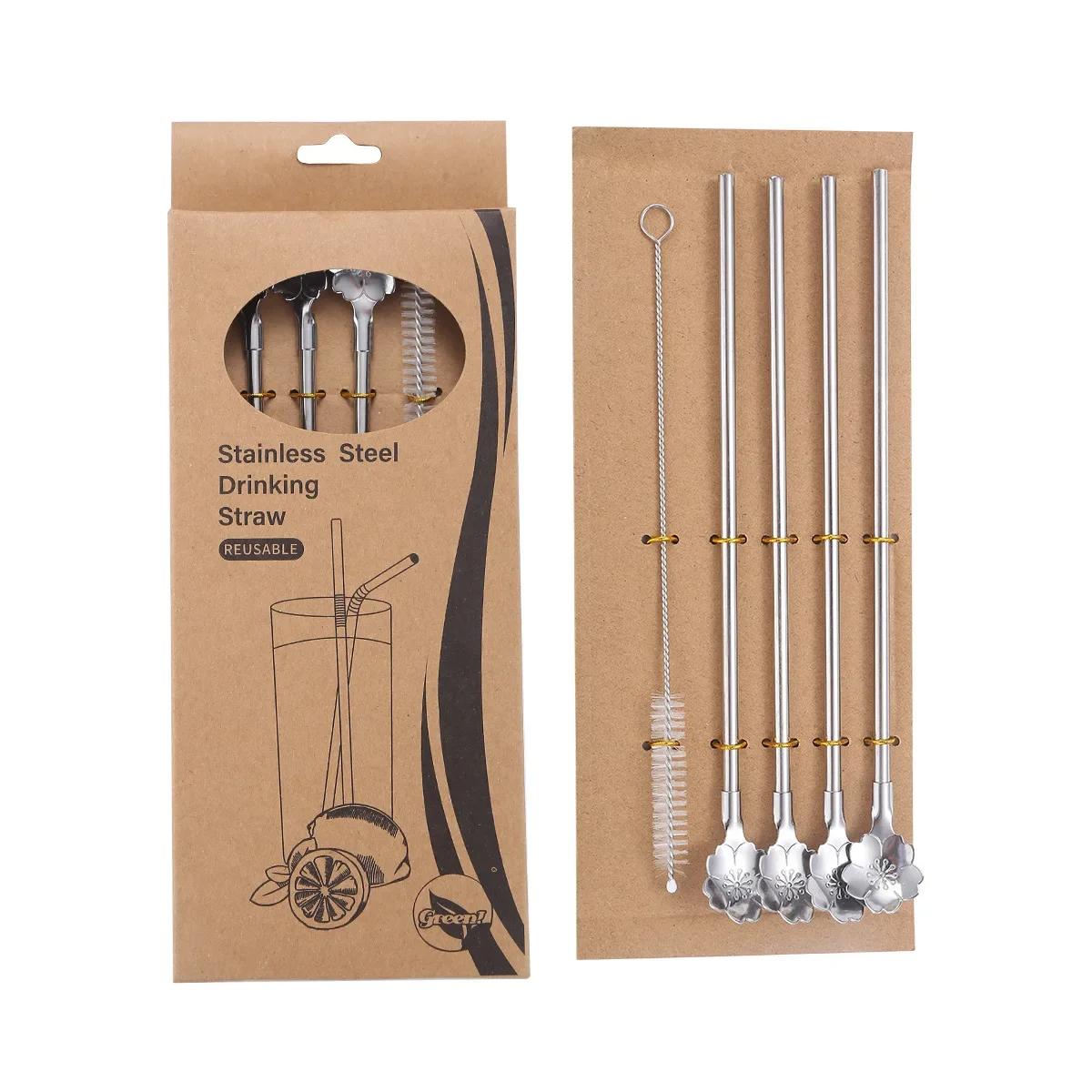 Cherry Blossom Straw Spoon Set with Cleaning Brush Stirring Spoon 304 Stainless Steel Summer Drink Cocktail Party BarAccessories