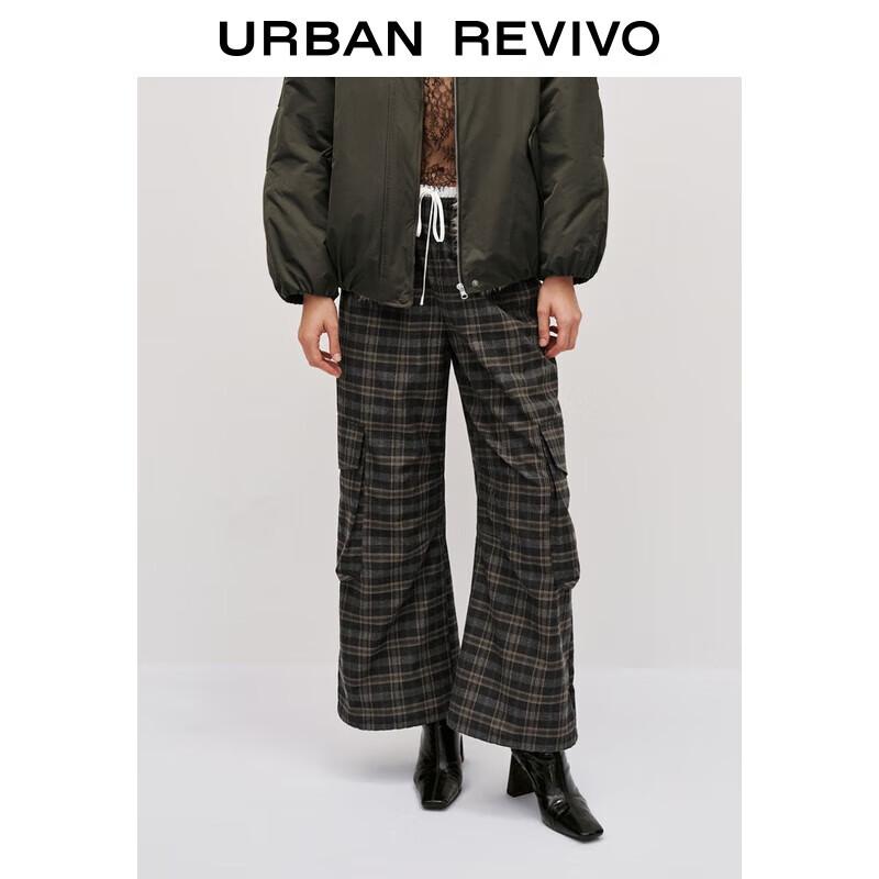 UR2025 Women's Split Waist Drawstring Retro Plaid Wide-Leg Pants