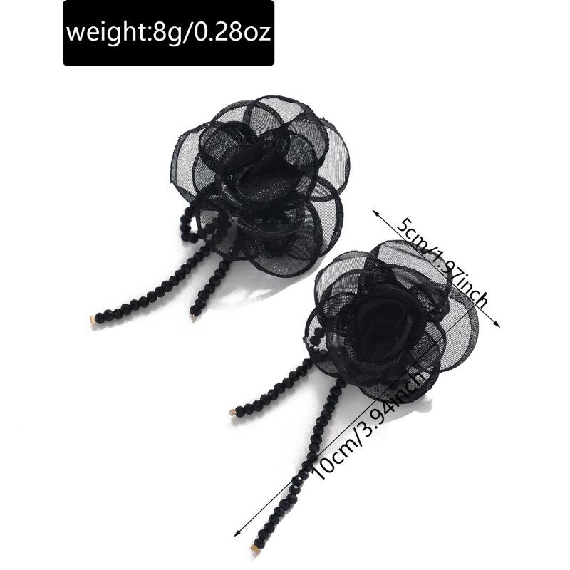 New Niche Light Luxury High-end Fabric Rose Flower Earrings Women's Retro Exaggerated Black Fringed Earrings