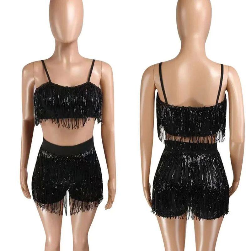 

Sexy Suspender Sequin Fringe Shorts Set Sequined Suspender Tassel Shorts Suit black L