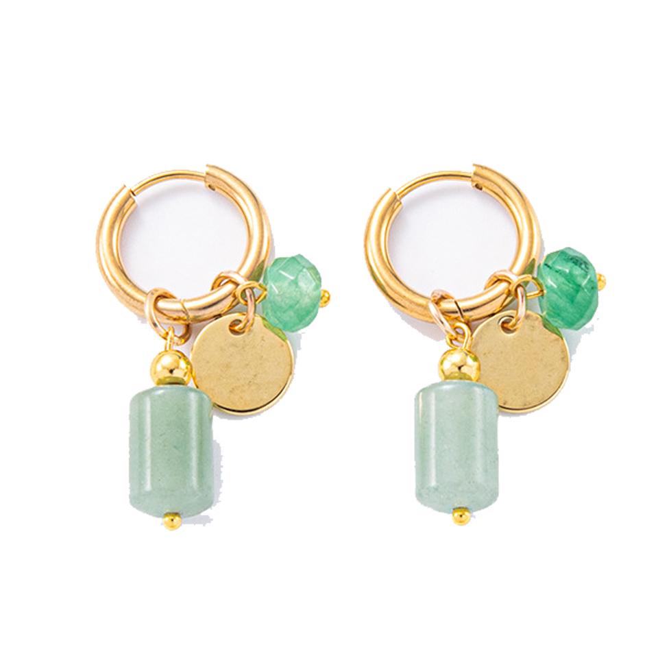 Gold Color Plated Stainless Steel Hoop Earrings for Women Vintage Green Stone Charms Trendy Waterproof Jewelry Gift