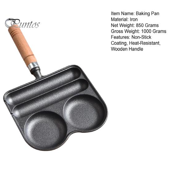 4-Cup Frying Pan Cast Iron Omelette Pan Non-Stick Coating Heat-Resistant Wooden Handle for Even Heating Sausage Pan for Gas Stove