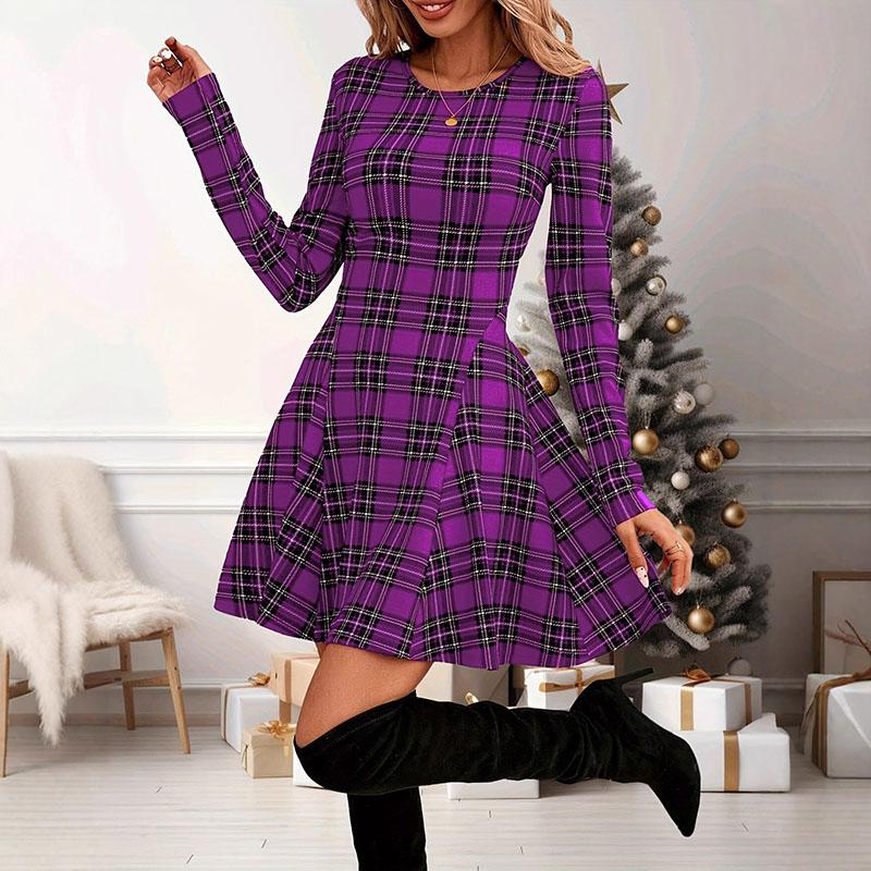 

Women Christmas Plaid Long Sleeve A-Line Swing Dress Casual Crew Neck Winter Mini Dress for Holiday Party & Daily Wear S фиолетовый