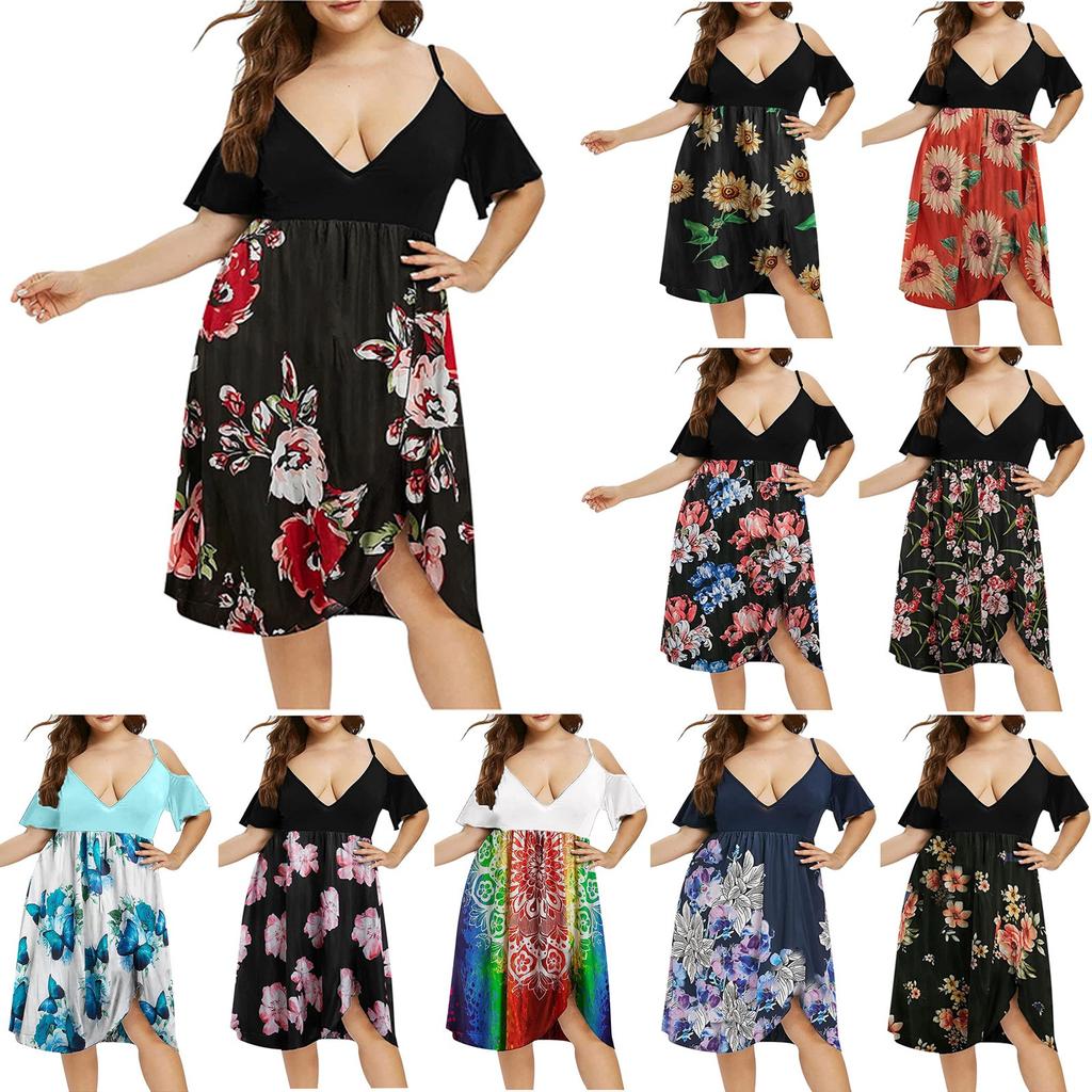 Women's High Waist Belly Concealing V-Neck Strapless Printed Plus Size Dress