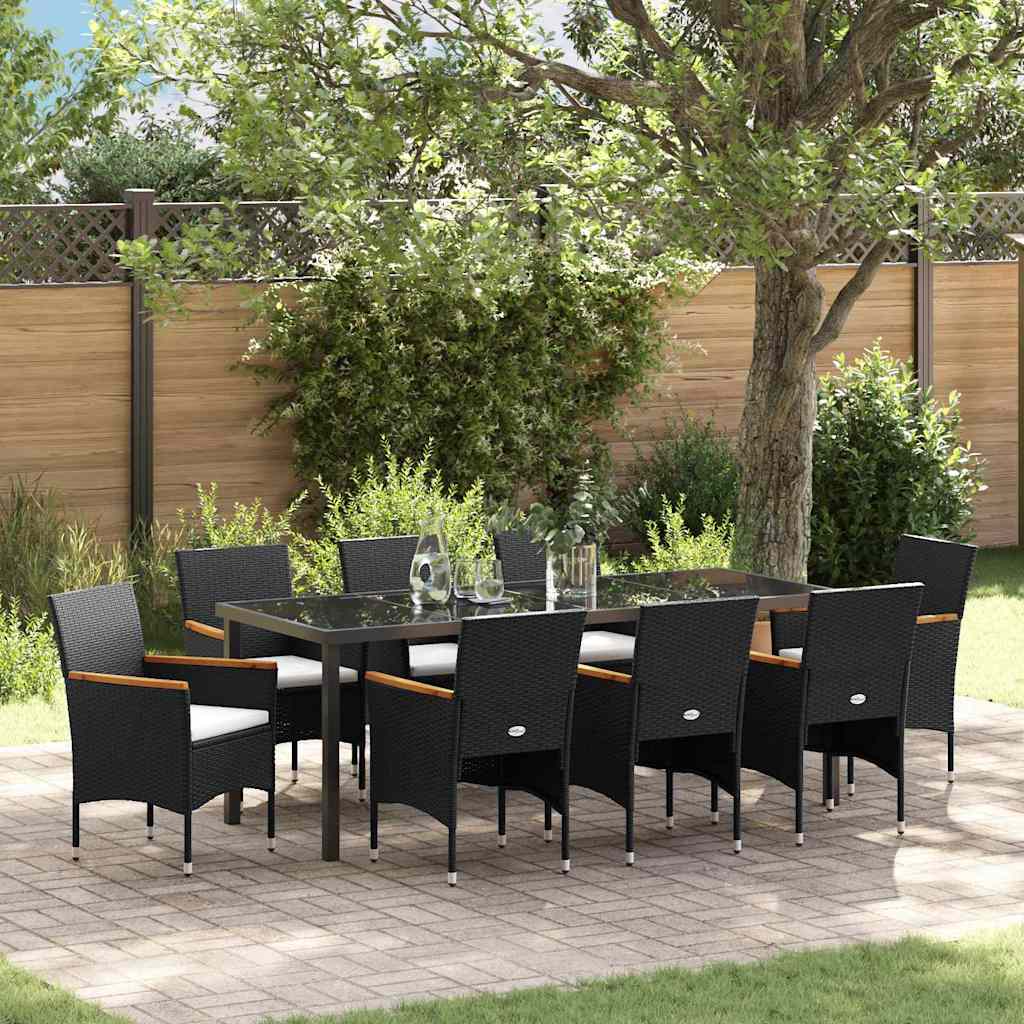 Garden Dining Set with Cushions 9 pcs Black Poly Rattan
