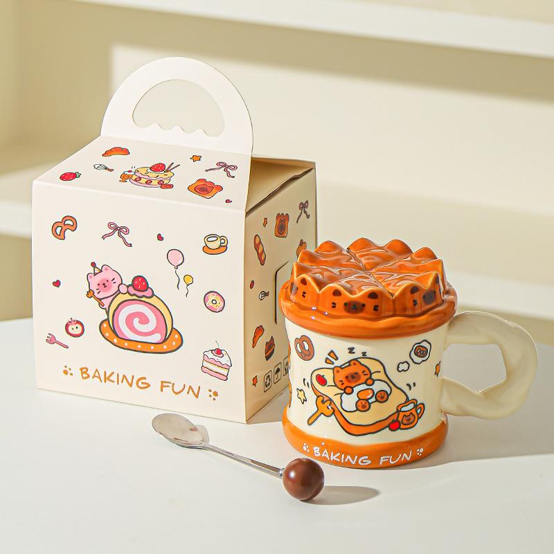 Hand drawn Birthday Cake Cute Cat Mug Office High Looking Girl Water Cup with Lid Home Couple Ceramic Cup