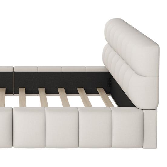 Upholstered Bed 140 x 200cm, Youth Bed, Double Bed with Soft Backrest, Flat Bed with Upholstered Frame, Slatted Frame Linen Beige (Mattress Not