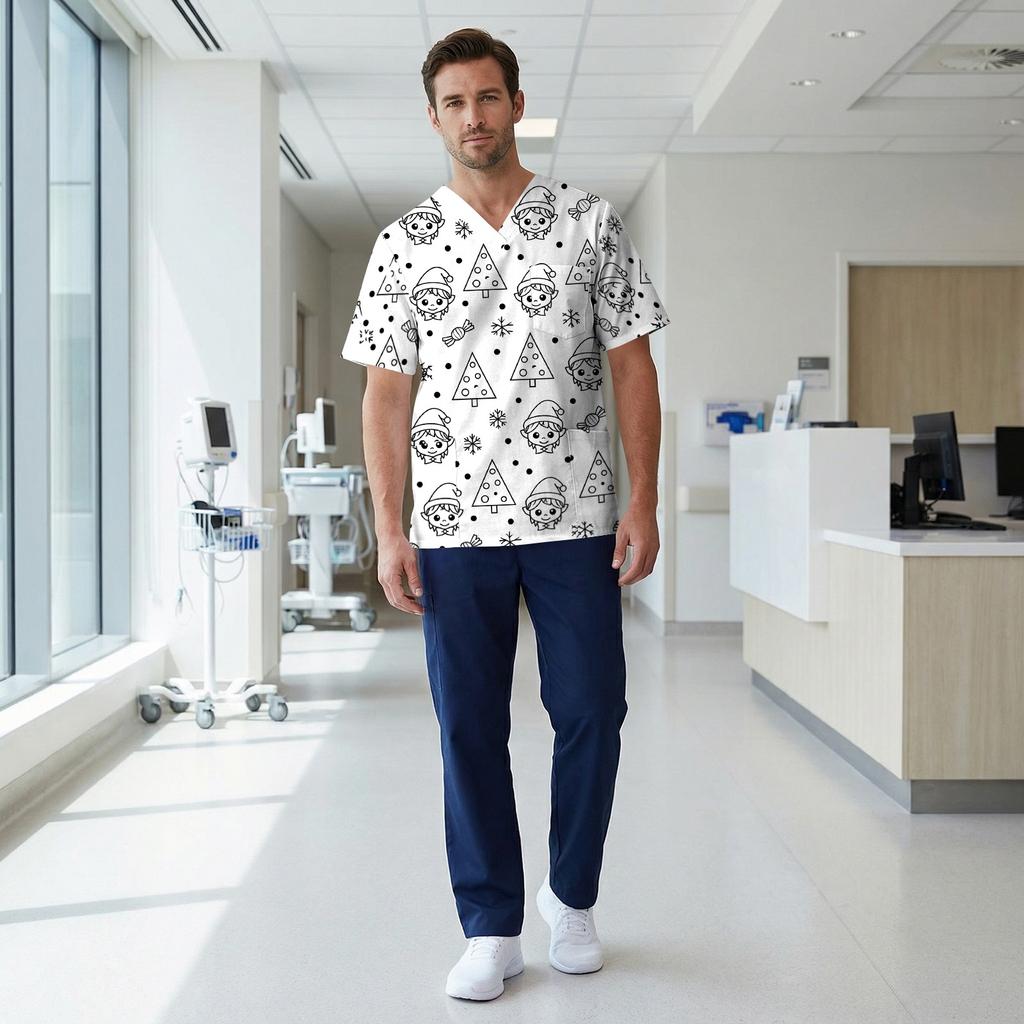 Men's Short Sleeve V-Neck Christmas Scrub Top with Chest Pocket and Print