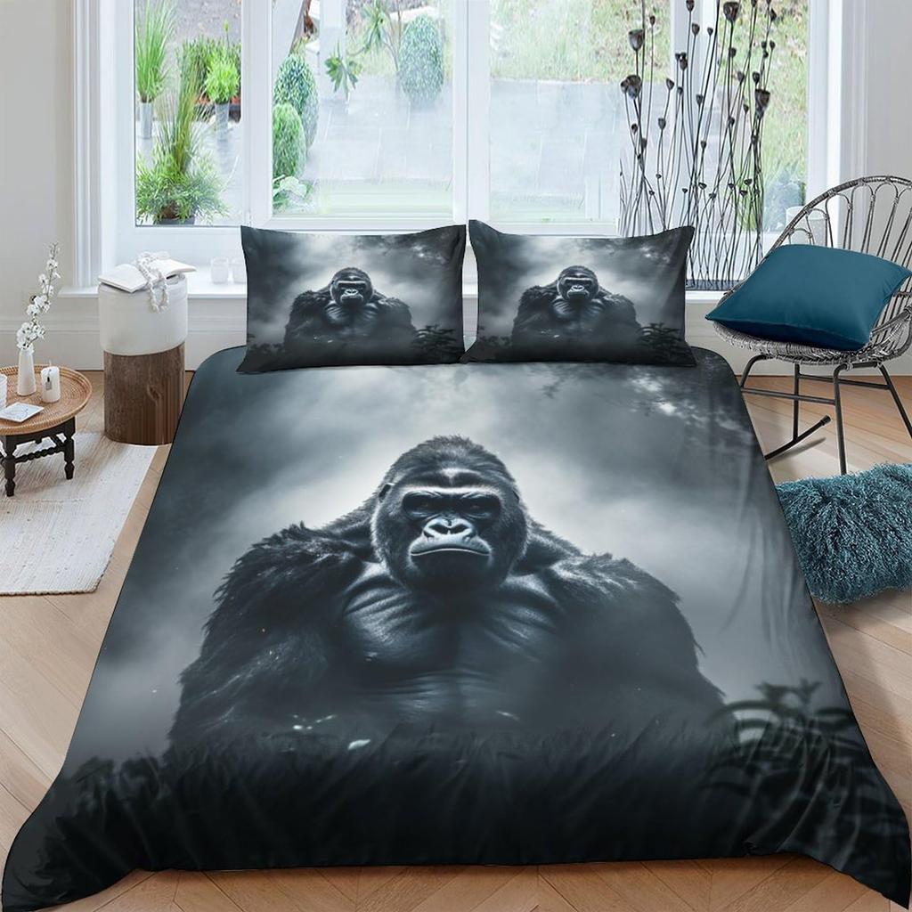 3D Gorilla Bettbezug Kopfhörer Gorilla Bettwäscheset Wildtiermuster Bettdeckenbezug Aquarell Blau Polyester Steppdeckenbezug
